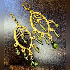 Genuine Peridot In Leaf Chandelier In Gold Plated Grecian Inspired Earrings